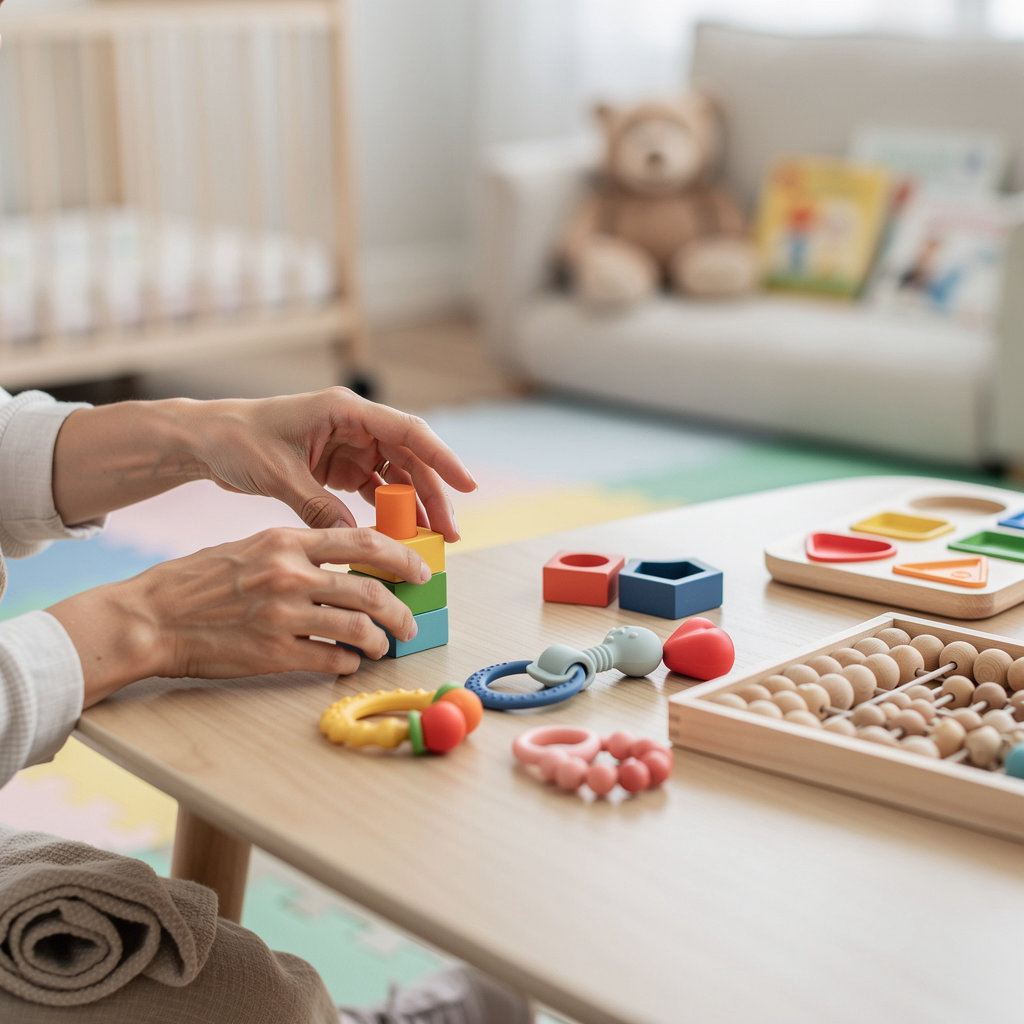 Lyrics Daycare caregiver engaging with happy children in a bright, educational play area in San Diego
